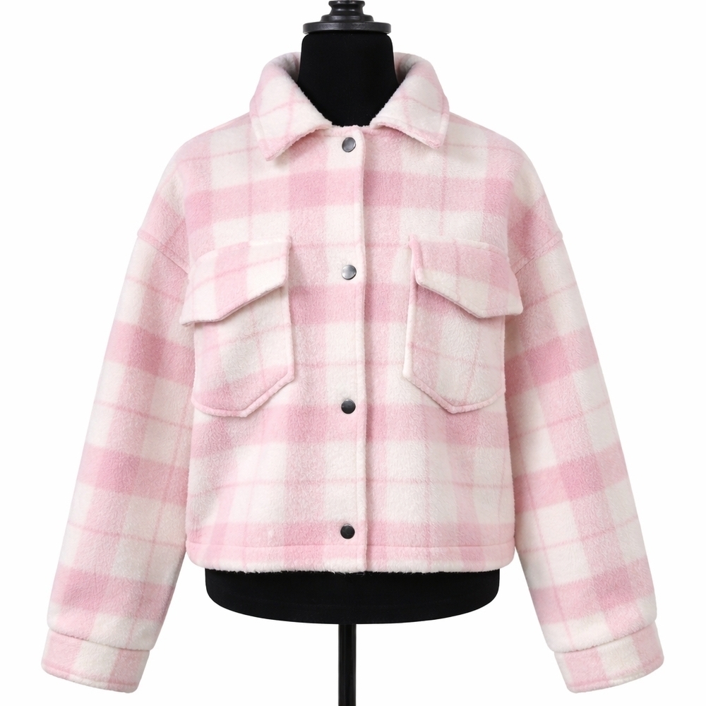Lyn Burches Pink White Plaid Fuzzy Sherpa Shacket Cropped Boxy Jacket M - Picture 2 of 15